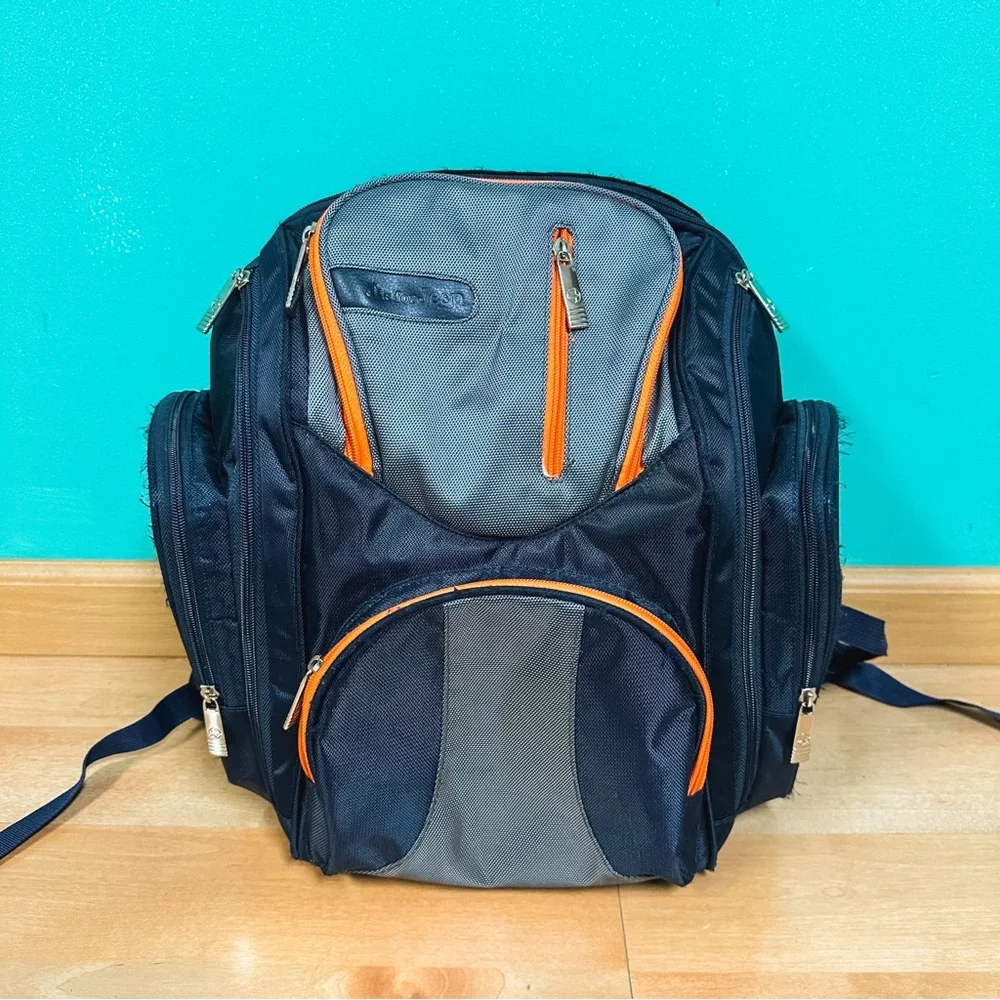 J is for Jeep Navy Blue & Orange Multipocket Diaper Bag Backpack